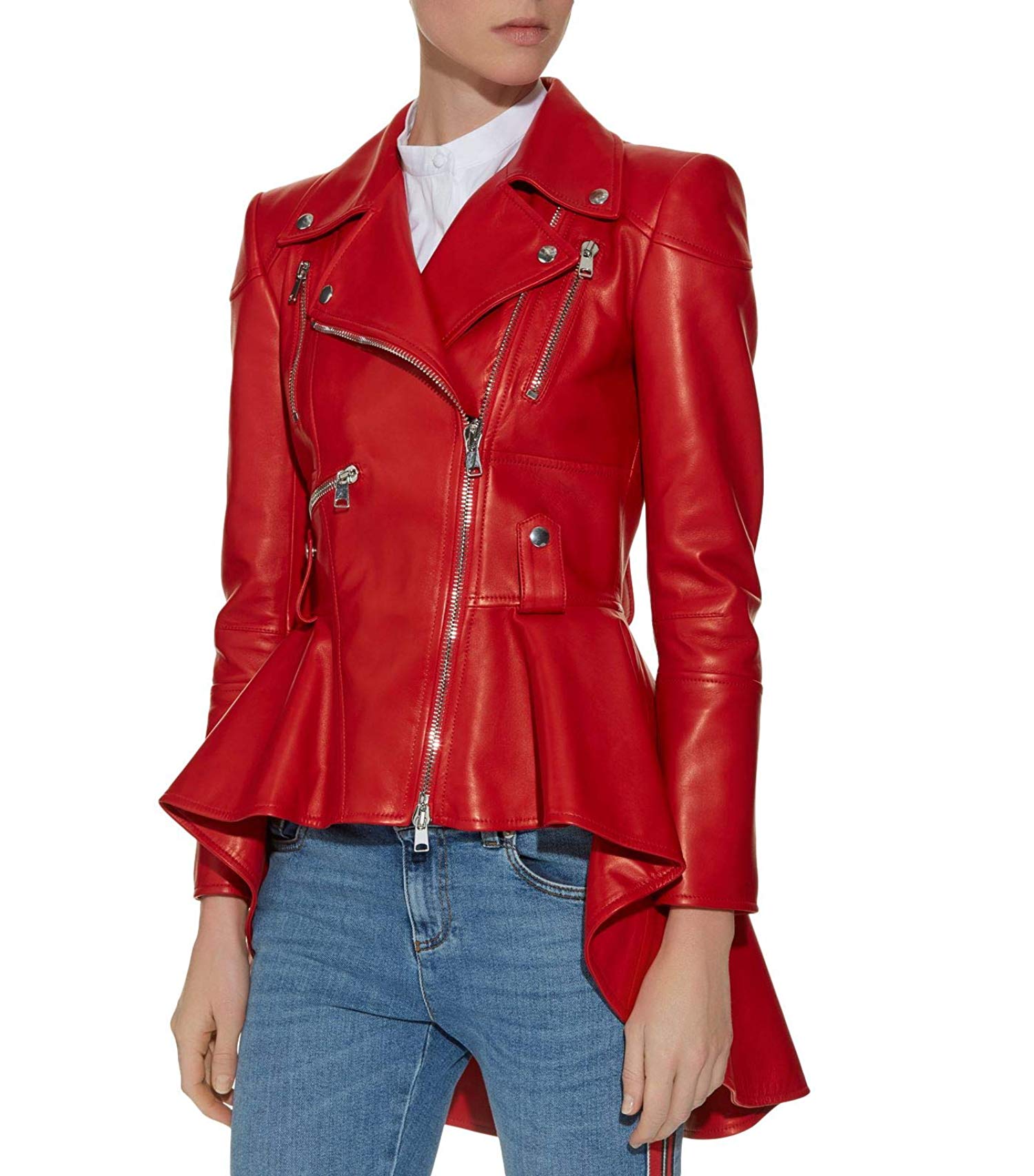 red leather peplum jacket