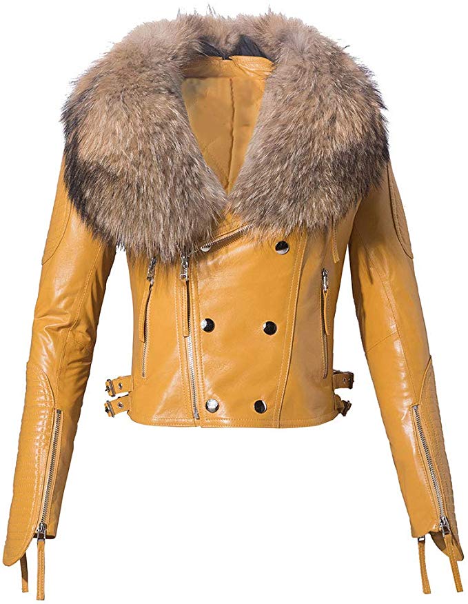 yellow leather jacket with fur collar