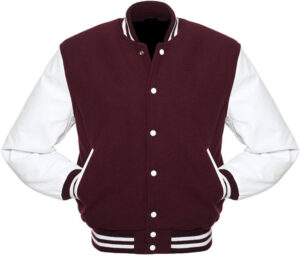 maroon and white varsity jacket