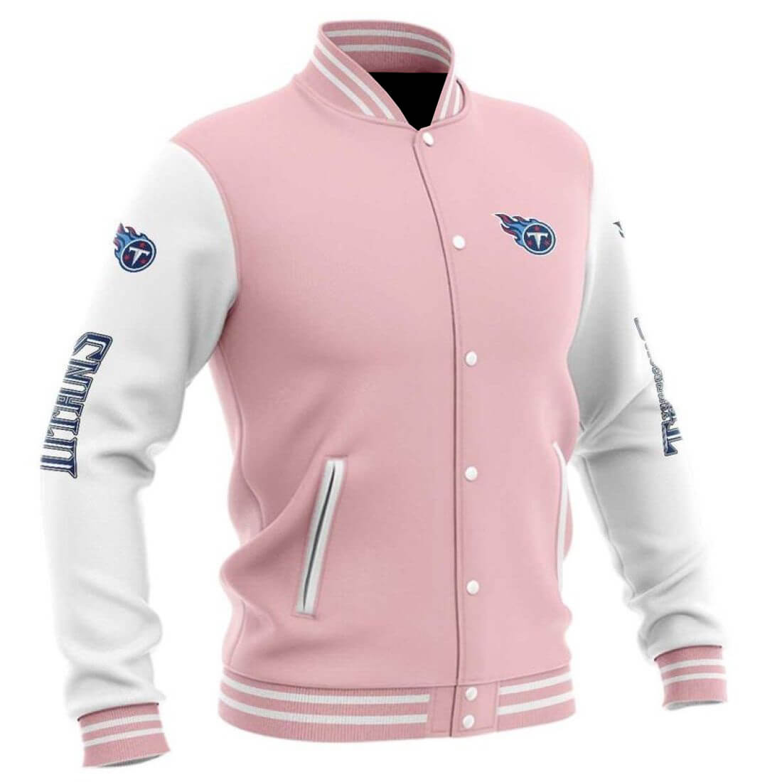 pink and white varsity jacket