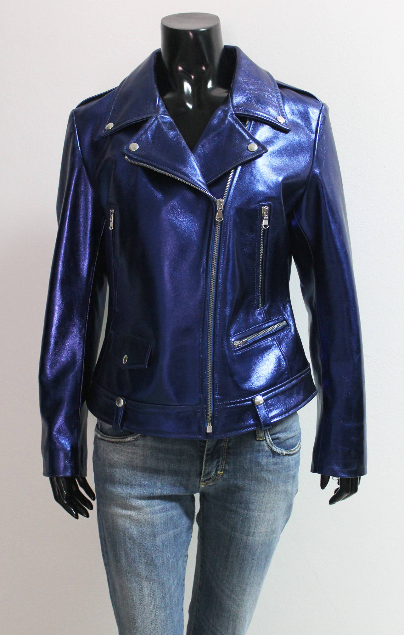 Metallic Blue women biker genuine leather jacket - Jackets Maker