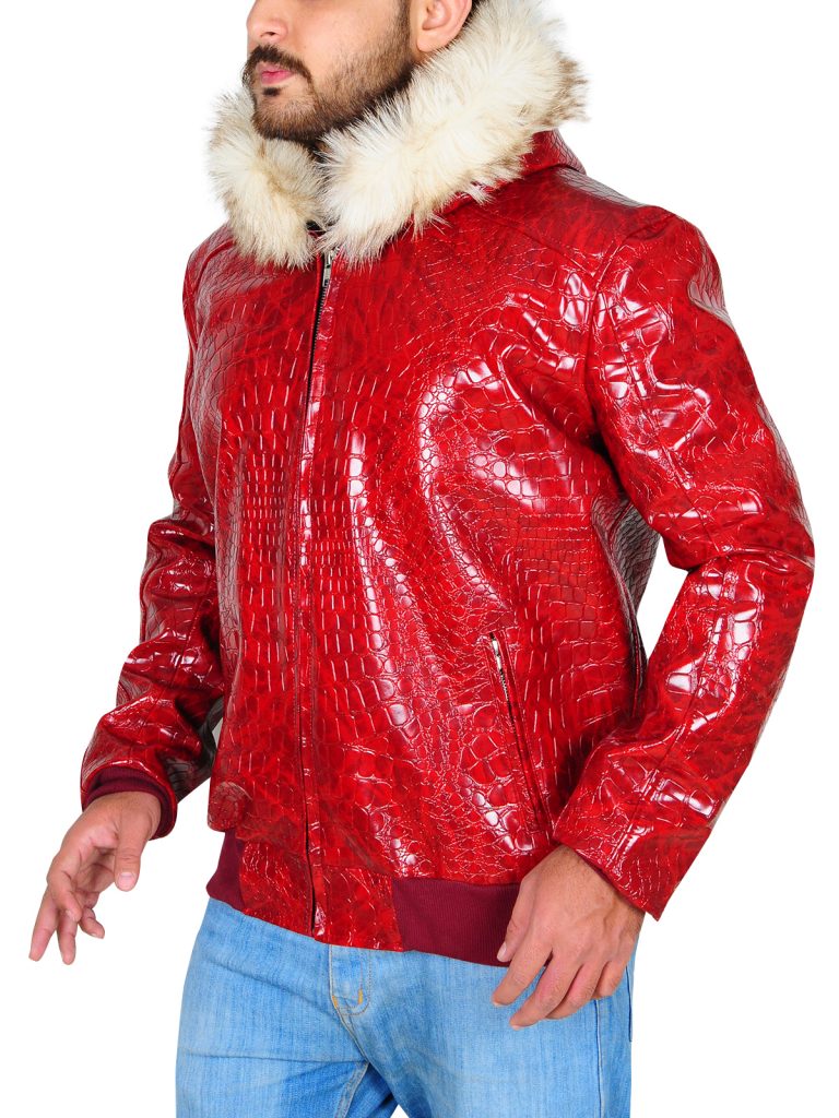 red leather jacket with fur hood