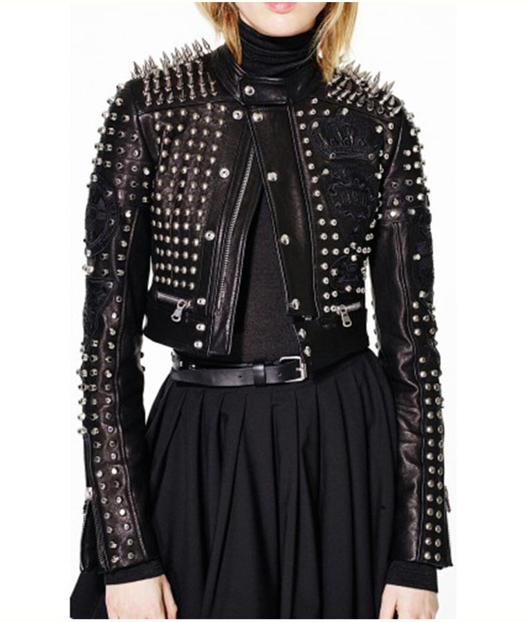 Gigi Hadid Black Cropped Studded Leather Jacket Jackets Maker