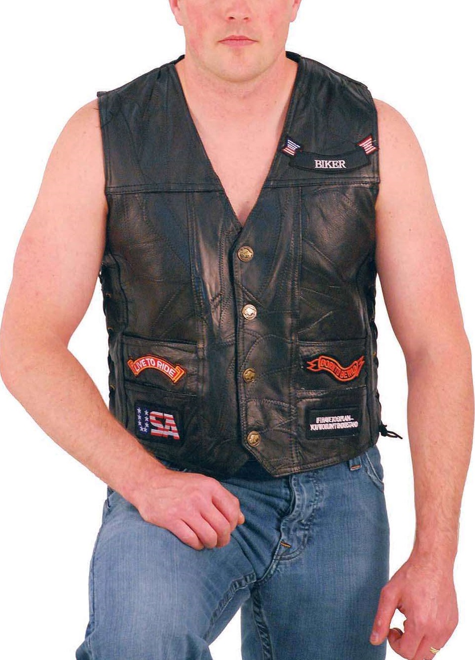 Men's Patched Up Leather Motorcycle Vest - Jackets Maker