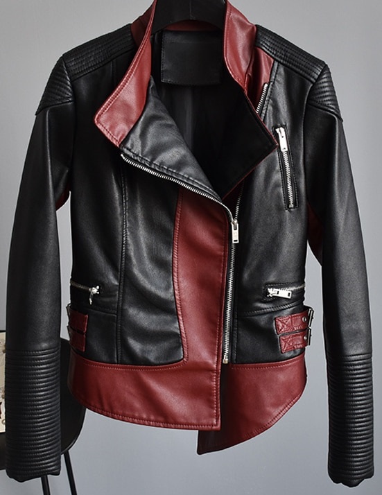 Women's Asymmetric Punk Bomber Burgundy Color Leather ...