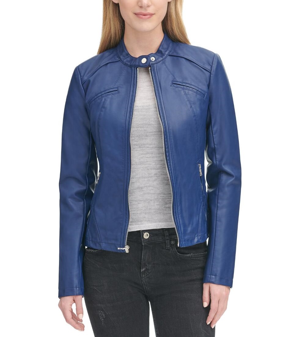 blue color leather jacket