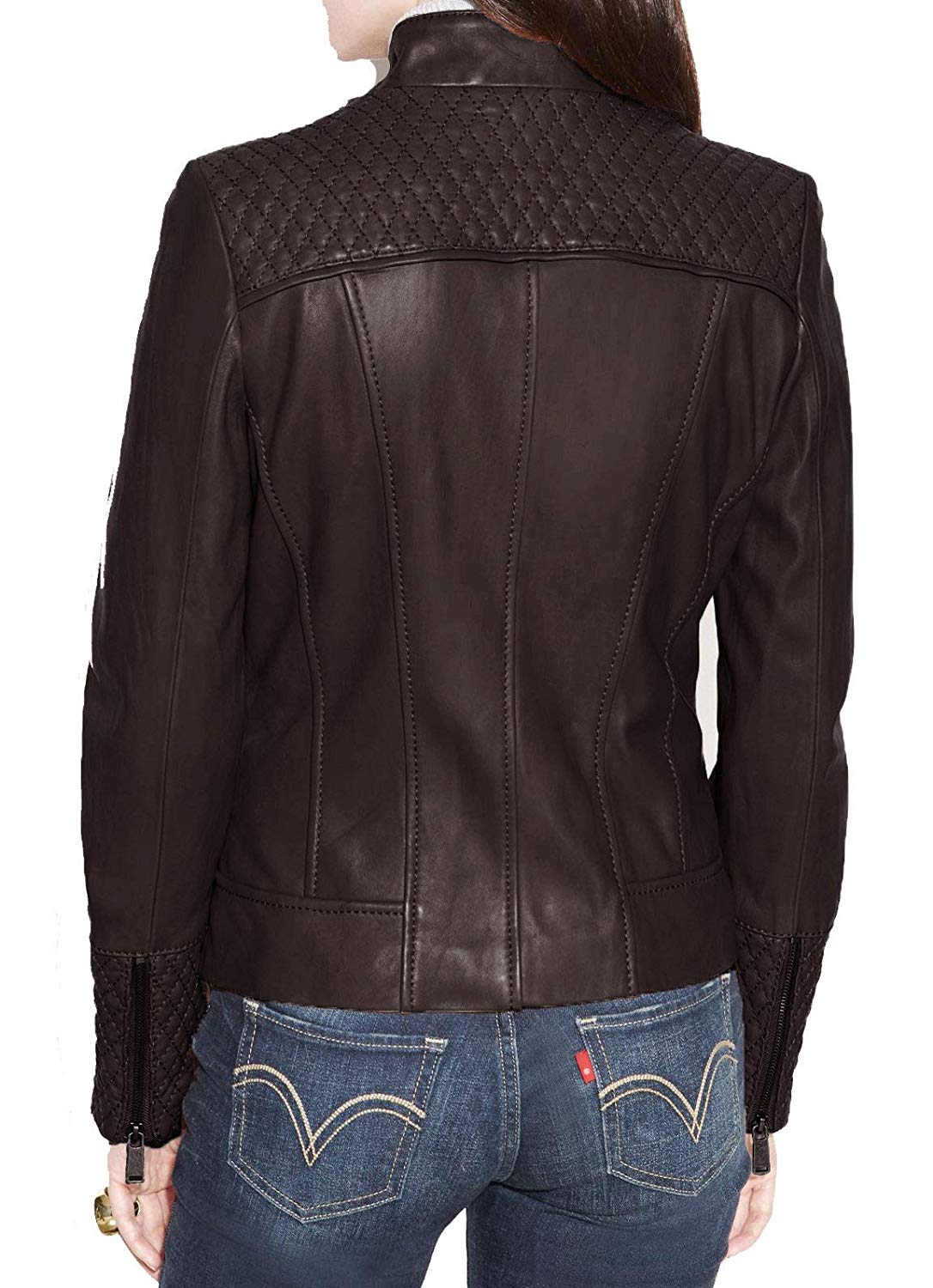 Women's Dark Brown Color Quilted Motorcycle Biker Jacket Jackets Maker