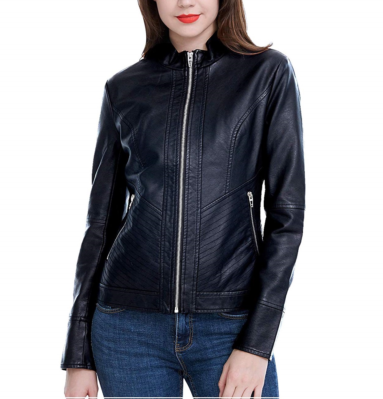 Women's Long Sleeve Black Zipper Moto Bomber Jacket ...