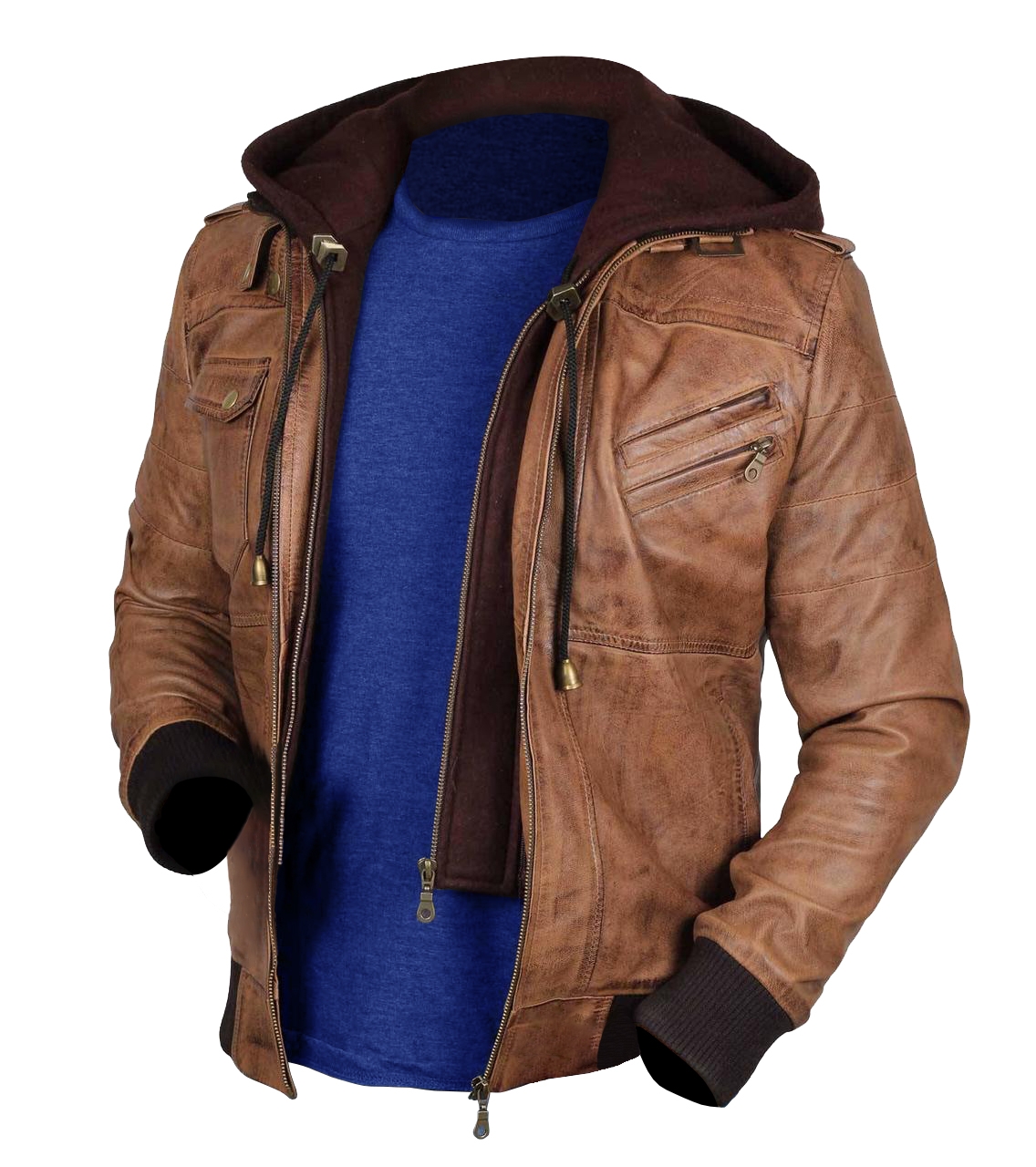 Blue Leather Hooded Jacket Images