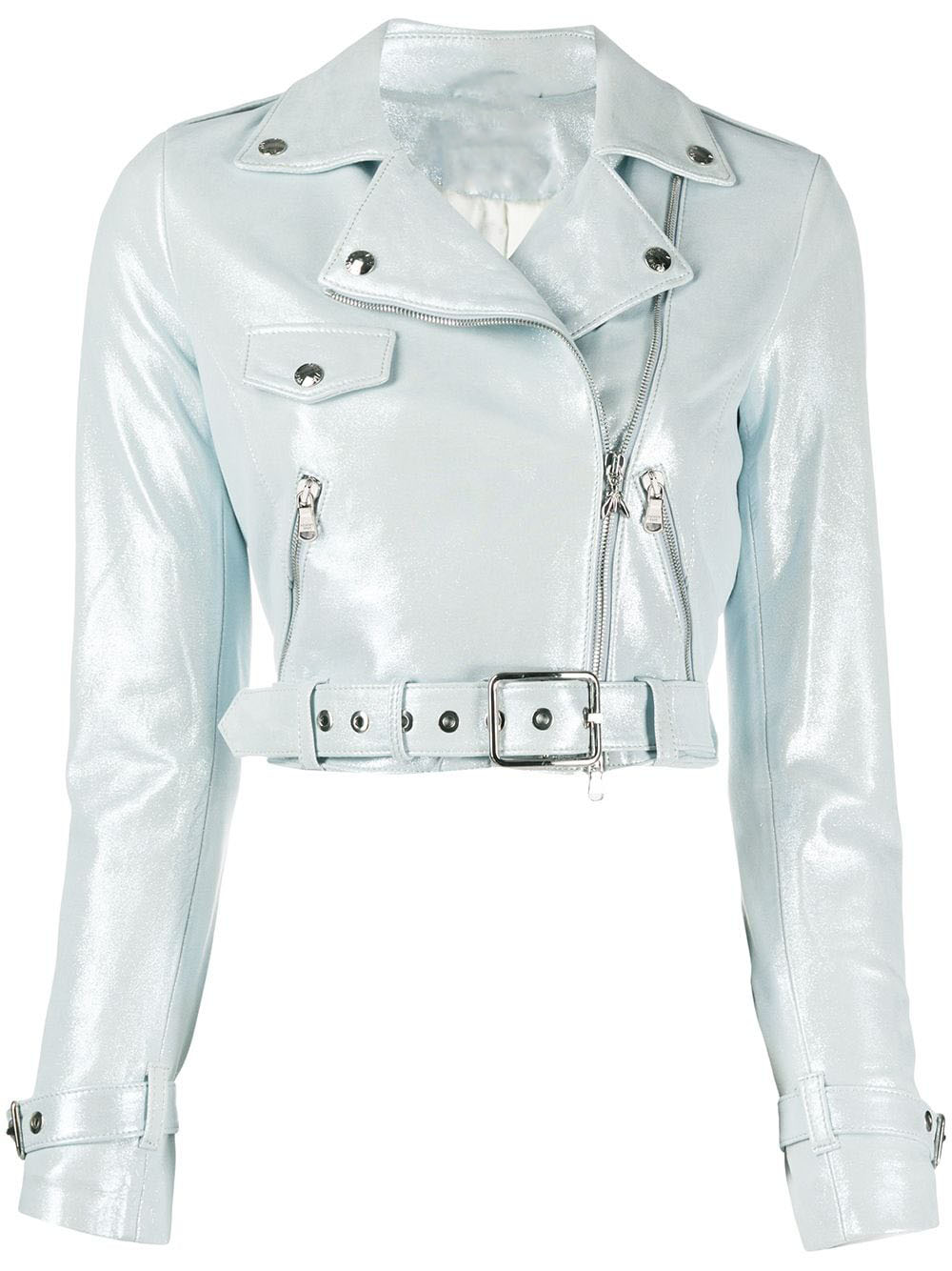 blue cropped leather jacket