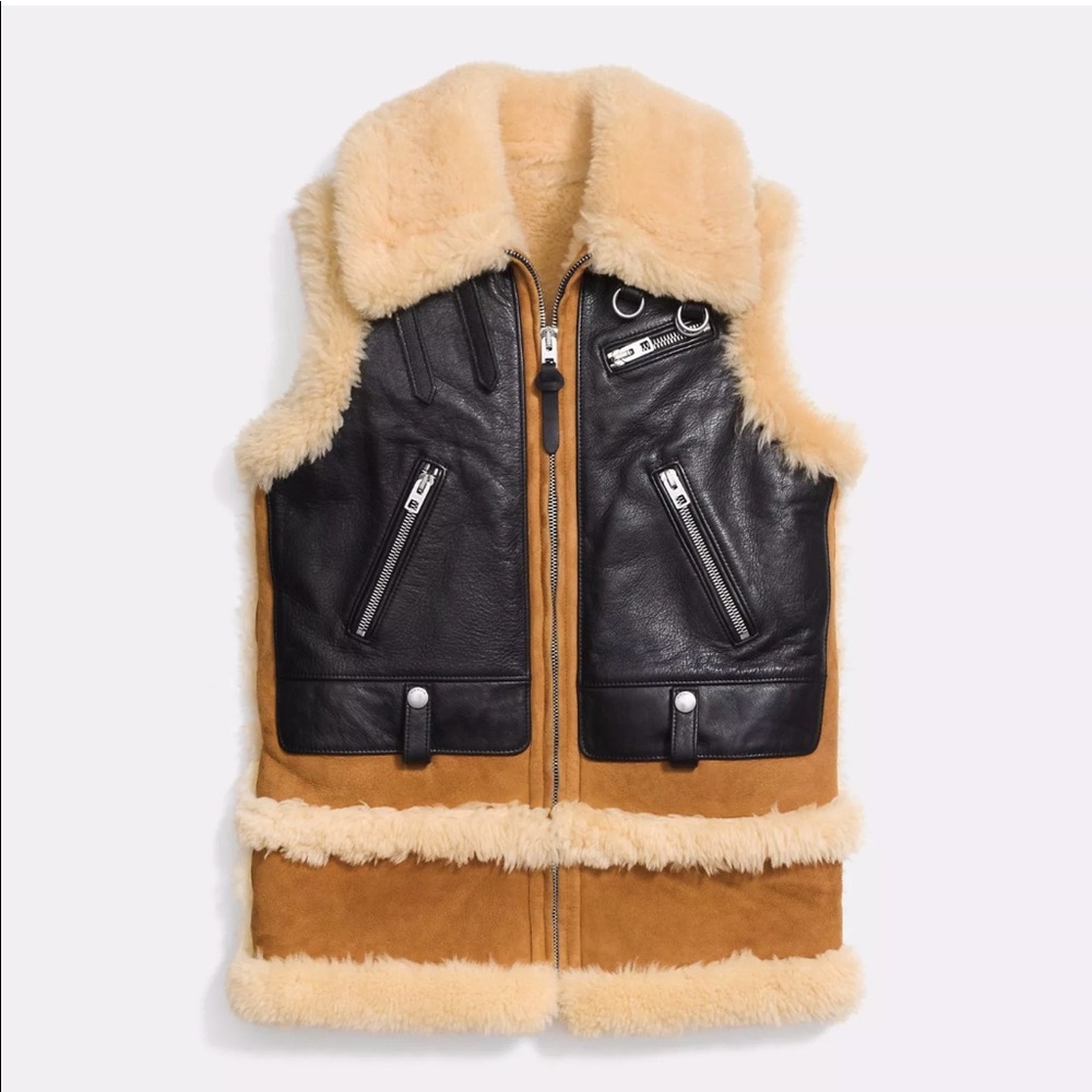 Camel & Black Shearling Fur Biker Vest - Jackets Maker