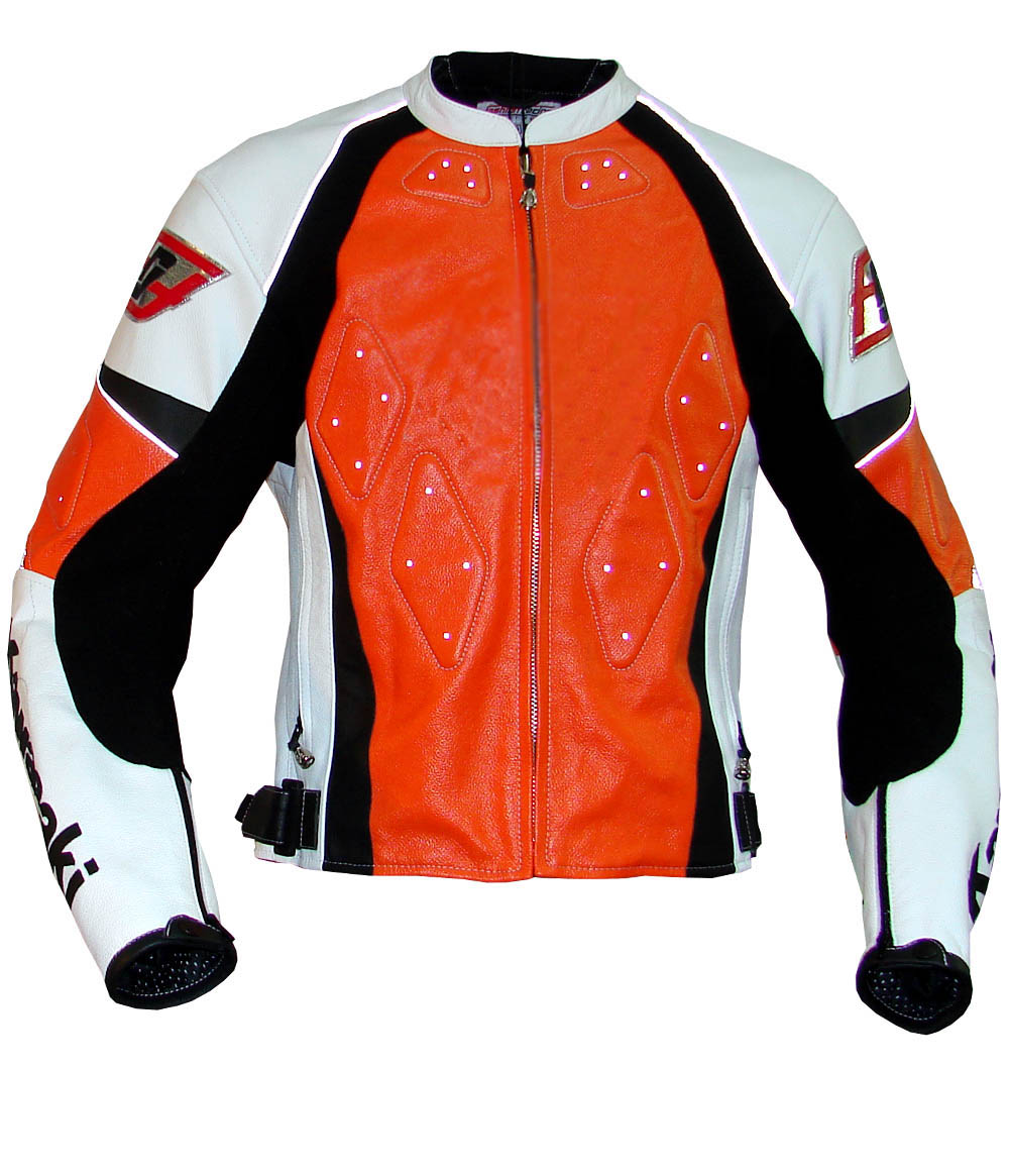 orange and black leather motorcycle jacket