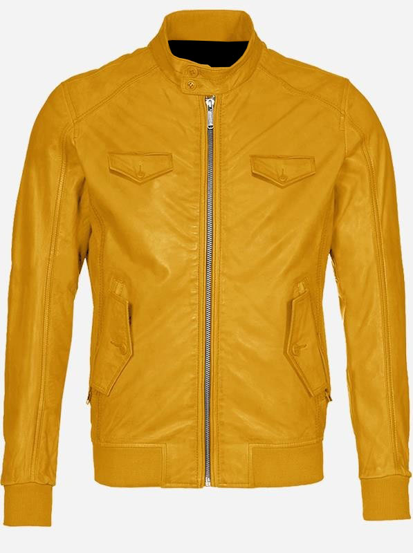 yellow leather bomber jacket