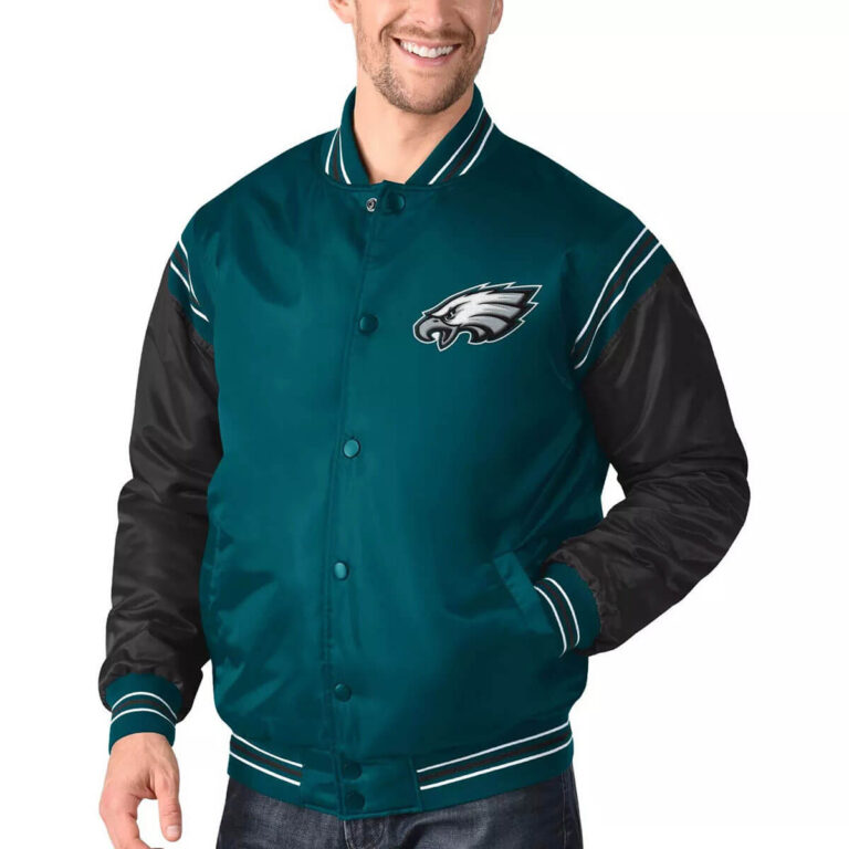 Philadelphia Eagles Midnight Green and Black Satin Varsity Jacket